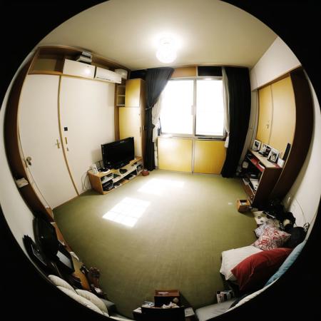 <lora:fisheye2:1>, fisheye, 

living room, tokyo apartment, summer day, dust in air