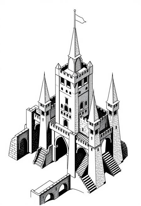 medieval woodcut tattoo style
isometric geometric
black and white
optical illusions 
Simplified Castle Structure:
    Minimalist Towers: Focus on a few tall towers of varying heights to create an asymmetrical and dynamic silhouette. Use simple geometric shapes to form the towers, keeping them sleek and not overly adorned.
Emphasized Optical Illusions:
    Impossible bridges, passageways and stairways: Design staircases that twist and turn in impossible ways, inspired by the works of M.C. Escher. These stairs can appear to ascend and descend simultaneously, connecting different levels in mind-bending fashion.
Floating Passageway Bridges
    Interconnected Archways: Use archways that loop back into the structure or lead the eye in continuous circles, enhancing the illusionary effect.
Strategic Spacing and Simplicity:
    Open Spaces
    Low Detail Emphasis