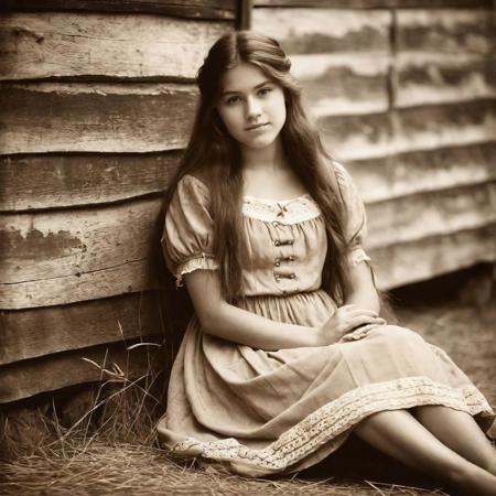 old photo in sepia color, an 18-year-old girl from the area of ​​France wearing a dress from the time of 1800 AD, a beautiful girl with long hair, sitting in front of a barn, natural lighting,