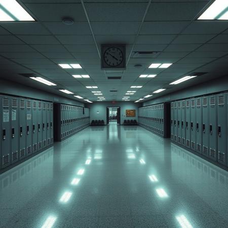 A liminal space inside an empty high school, where the air is thick with an eerie stillness. The fluorescent lights buzz faintly, casting a cold, artificial glow onto the polished linoleum floors. Rows of gray metal lockers stretch endlessly down the hallway, their doors covered in faint scratches and the remnants of long-faded stickers. The smell of old textbooks, industrial cleaning supplies, and distant rain lingers in the air.
The classroom doors are shut, their small windows revealing nothing but darkness. A lonely bulletin board by the principal’s office displays outdated announcements, faded student council posters, and a forgotten flyer for a dance that happened long ago. The cafeteria, visible through an open doorway, is empty—rows of plastic chairs neatly stacked, the serving area abandoned, the faint scent of reheated food still clinging to the air.
A single clock above the lockers ticks softly, though the time no longer seems to matter. Somewhere in the distance, the sound of a dripping faucet echoes through the silence. The school is frozen in time, suspended in an endless after-hours void—familiar, yet unsettling. You’ve been here before, or maybe only in a dream. Either way, you know one thing for sure: you’re alone here.