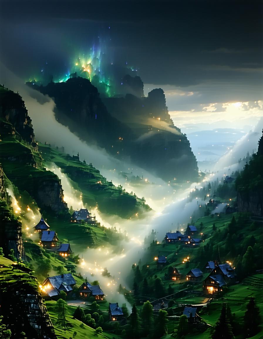 fantasy, bright cozy valley after the storm, sun is peering through the clouds, fabulous elven village, flowing mistic fog, wisps of glowing mystical fog