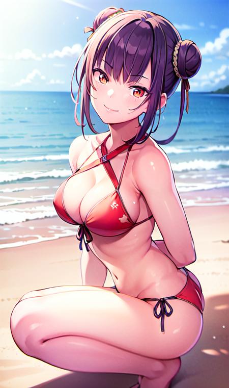 ((masterpiece)),(((best quality))), ((ultra-detailed)), ((illustration)), masterpiece, best quality, highres, {beautiful detailed eyes}, finely detail,  beautiful detailed eyes, ((beach)), backlighting, Smile
1girl, photo (medium) , (solo:1.5), (hair ribbon:0.4), ((string bikini)),  holding_fan,double_bun,squatting,