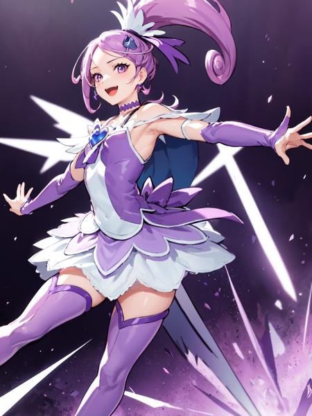 cure sword purple dress, spade hair ornament, purple thigh boots, high ponytail, detached sleeves, arm warmers, hairpin, capelet, choker, heart brooch:0.6