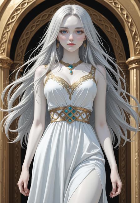 A Celtic goddess Danu. Long silver hair. White skin. Blue eyes. Thin eyebrows. Straight nose. Pink lips. Wears white dress with gold embroidery. Stands by sacred spring. Holds Lia Fáil stone.
(Celtic goddess Danu, white dress with stone)
((half body view)), (((cowboy_shot)))