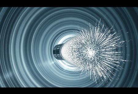 A chrome and silver beam hitting a supervillain 100 metres away. The beam is about 1 metre thick and surrounded by multiple concentric grey and white circles of varying diameter   And the impact has an explosion of grey scale and metallic particles. Each particle is concentric. They are 5 to 300 mm in diameter