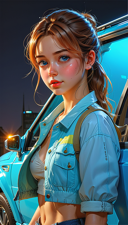 (cel-shading:2)+, (in ARTIST style:1.6), (masterpiece:1.7), glow blue neon, hyperrealism, glossy, shinny, clear image, accurate picture, clear picture, precise image, focused image, Science fiction style,
32k UHD professional anime illustration, girl near (Walking vehicle), extremely delicate detail. The scene in professional detail and perfect proportions, captures her tender affection. Focus on expressive eyes and fashionable attire. Use soft, warm lighting to create a romantic, inviting atmosphere, telling a charming, heartwarming story. Blushing emotional face. Focus on girl. Extremely detailed face. <lora:Apparatus_-_Traction_City_Walkers_Vehicles:0.8>