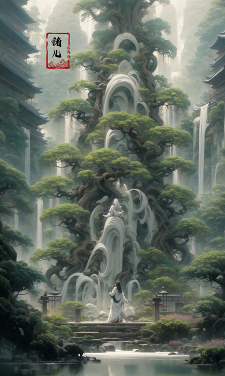 an painting in a style of oriental painting, in the style of matte painting, layered and atmospheric landscapes, rich and immersive, quiet contemplation, dark white and green, history painting, zen-inspired, grandeur of scale
highly detailed, dynamic, cinematic, stunning, realistic lighting and shading, vivid, vibrant, 8k,octane render, unreal engine, very detailed, concept art, realistic, Cry engine, wide shot
1 girlvery long hairwhite hair(upper body:1.0)
<lora:~Q?-g~ pine:0.9>