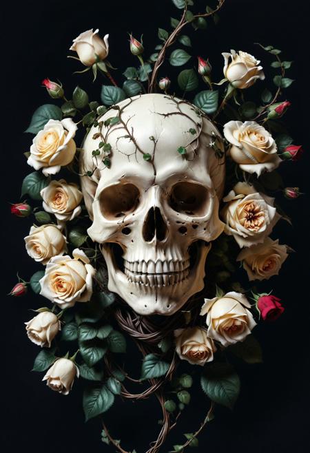 score_9, score_8_up, score_7_up, score_6_up, score_5_up, score_4_up, (absurdres, best quality, masterpiece:1.4), illustration, photorealistic, cinematic lighting, dynamic angle, perfect composition, skull, skull, roses, overgrown flowers, vines, delicate petals, vintage aesthetic, soft light, surreal, beautiful decay, contrasting colors, peaceful