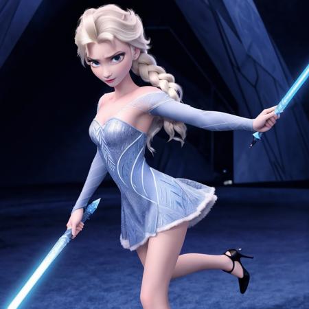 The blades of Elsa's two blue lightsabers (dual wielding)  glimmered with ultra-sharp precision, its 8K resolution showcasing the tiniest details that would be invisible to the naked eye. The negative space around her was just as captivating; intricate lines etched into the sleek surfaces of the starship's floors added depth and texture to the scene.
Elsa herself stood proudly in this futuristic setting, clad in a skimpy blue and white leather armor that highlighted every curve of her body. Her eyes blazed with intense focus as she held onto her weapon, poised to strike at any given moment. Bright lights illuminated the area around her, casting shadows across the walls and adding to the surreal atmosphere.
In this world where science fiction meets high definition technology, Elsa moved effortlessly, her movements graceful and precise. It was clear that both her skills and her equipment were truly next level, leaving no doubt that she was one of the most formidable forces in the galaxy.
<lora:weight_slider_v2:-1.3> <lora:elsa-frzn-v1.1:1.2> elsa-frzn, elsa \(frozen\), blue eyes, 1girl, long hair, solo, single braid, hair over shoulder, looking at viewer <lora:photorealistic_portrait:3> photorealistic portrait <lora:miniskirt:0.4> microminiskirt, high_heels, navel