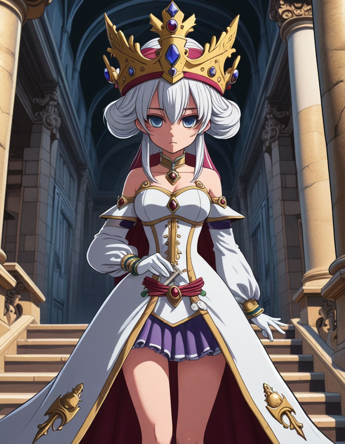A queen with a petrifying gaze, turning intruders to stone as she walks through her palace. in a Nightcore anime style