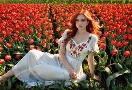Full body portrait 1woman. (lovely red tulips flower field: 1.9). Red hair, loose hair, windy. White dress with embroided red flowers. Early hour, bright red sun, (Nue artistique, entirement nue: 1.9). Sit on the grass in a garden. Milo Manara's style.photo. SFW