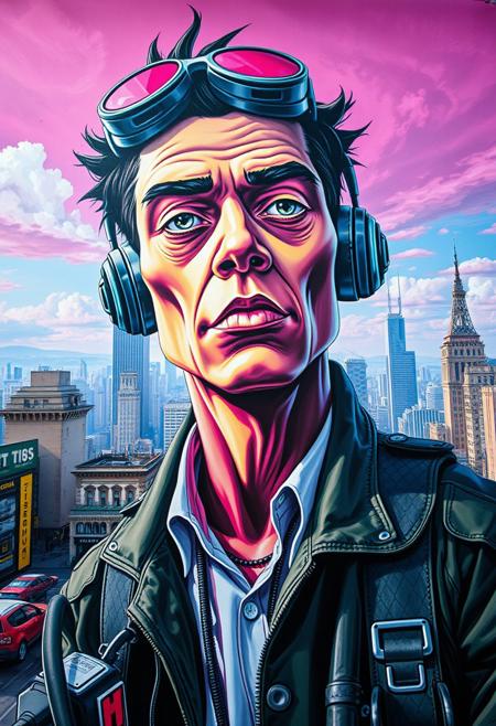 I felt like I was traveling., hyper-realistic graffiti portraiture meets dystopian pop surrealism, vibrant color palette, exaggerated urban characters, large-scale street art with narrative symbolism, surreal cityscapes, detailed facial expressions, glossy textures, bold outlines, commentary on modern life, visual satire, cartoon-like repetition, futuristic societal critique, expressive realism merged with psychedelic structure, high-impact mural storytelling, surreal realism in neon tones, chaotic order in urban environments