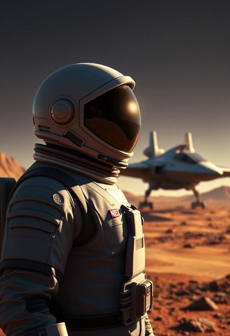 A full suit astronaut (visor is fully reflective and cannot be seen through) standing in front spaceship that recently landed on new planet, he is looking over the horizonbut angled away. Set in the art style of the video game no man's sky. Have the camera further back about 50 yards out. And have the spaceship similar style to an x-wing from star wars, more horizontal. Have the spaceship fully visible behind astronaut.