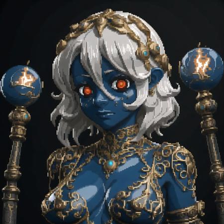 <lora:hcnone:1>, hcnone,  pixel art,

<lora:porcelain_gzhel_black:1.0>, (black porcelain, Gzhel, rococo:1.0), breasts, cleavage, dark skin, electricity, golem, hair ornament, monster girl, red eyes, white hair