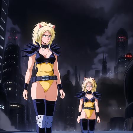 PumaSisters,1girl,blonde hair,longhair,cat ears, yellow leotard,shoulder armor, belt, black thighhighs, knee pads,