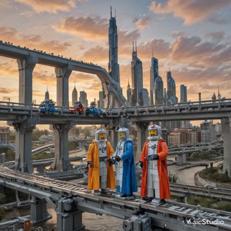 2 LEGO robots  in a LEGO monorail station . they are in LEGO robes that are worn. the are looking out over the LEGO city. LEGO Monorail track. 
hive LEGO city made out of LEGO gears is in the background and is made up LEGO tall buildings and LEGO towers. The sky is sunset and there are  clouds in the distance a river run through it flooding the city. extremely detailed, moody
 <lora:Hive-City:1>