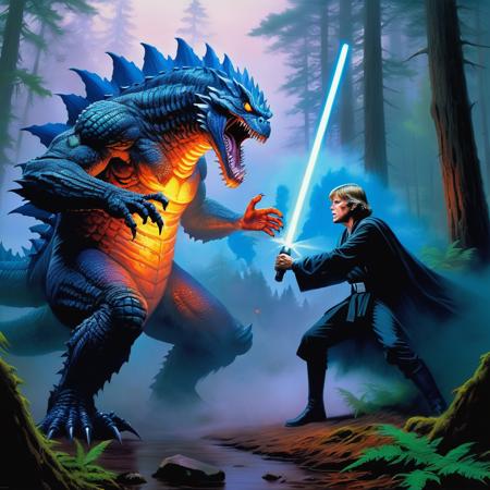 sci-fi painting by jeff easley, two monsters fighting, forest, fog, mist, gloom, chroma, rim lighting, volumetric, 8k resolution, trending on art station BREAK cyborg godzilla BREAK BREAK luke skywalker, lightsaber