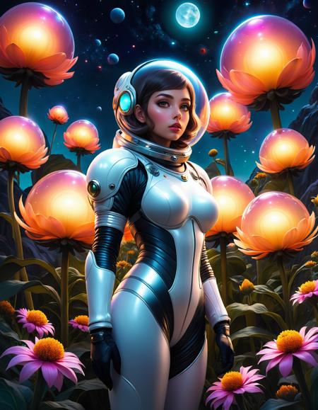 <lora:add-detail-xl:1>,  digital art, dream fantasy, a woman standing wearing a space suit, surrounded by large bulbous glowing flowers, night time, alien planet, ominous glow, large cartoon eyes, perfect face, full lips, detailed features, dramatic lighting