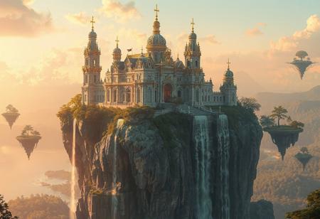 A breathtaking palace sits atop the tallest floating island peak, overlooking a vast, lake forest. The architecture is grand, with towering spires, intricate gold and marble details, and cascading waterfalls flowing down the cliffs. The sky glows with a soft, ethereal light, adding a dreamlike atmosphere. Floating islands drift nearby, adding to the fantasy setting. The palace radiates majesty, appearing both ancient and timeless.