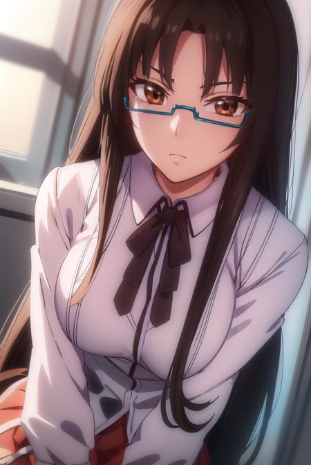 tsubakishinra, <lora:tsubaki shinra anime s2-lora-nochekaiser:1>,
tsubaki shinra, long hair, black hair, (brown eyes:1.5), glasses, semi-rimless eyewear, under-rim eyewear, (parted bangs:1.5), bangs, blunt bangs,
BREAK shirt, ribbon, school uniform, white shirt, black ribbon, neck ribbon, long sleeves, skirt, red skirt,
BREAK indoors, classroom,
BREAK looking at viewer, (cowboy shot:1.5),
BREAK <lyco:GoodHands-beta2:1>, (masterpiece:1.2), best quality, high resolution, unity 8k wallpaper, (illustration:0.8), (beautiful detailed eyes:1.6), extremely detailed face, perfect lighting, extremely detailed CG, (perfect hands, perfect anatomy),