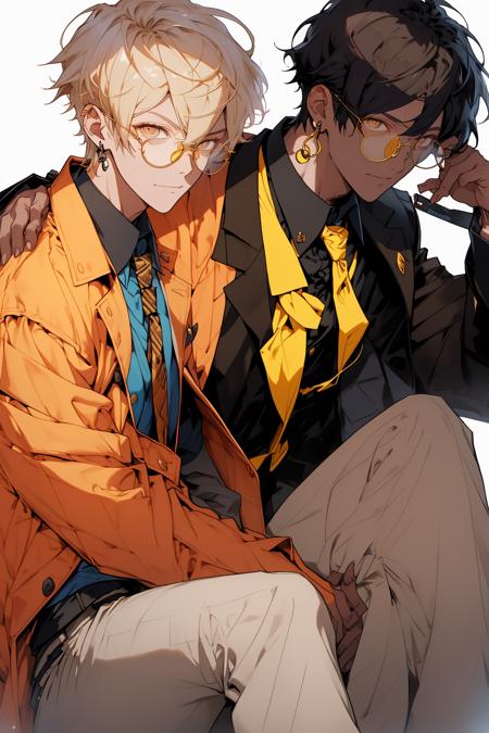 <lora:Nijidefault_20230622033258:0.9>,niji,multiple boys, 2boys, male focus, blonde hair, jacket, jewelry, necktie, glasses, shirt, white background, yellow eyes, earrings, pants, black hair, short hair, looking at viewer, black pants, hair between eyes, collared shirt, necklace, brown jacket, simple background, sitting, long sleeves, arm around shoulder, round eyewear, closed mouth, bangs, masterpiece, best quality,