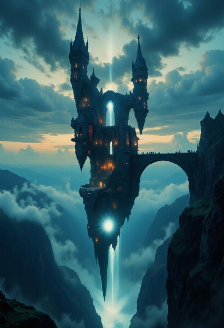 An impossibly constructed, ancient castle juts out from a jagged cliff, defying physics with its dizzying angles and gravity-defying arches. Towering spires twist unnaturally upward, some seemingly floating or barely anchored, their gray stone cloaked in age and mystery. The castle’s silhouette cuts through thick clouds, framed by a surreal, atmospheric sunset in deep cyan, turquoise, and pale gold tones.
A soft, otherworldly light pierces through shifting layers of mist and cloud, casting ethereal blue-green reflections across the jagged stonework. The sky bleeds with swirling clouds lit from behind by a fading sun, turquoise hues melting into darkening gray. Birds spiral upward into the light as if drawn by some silent call.
Elaborate stone bridges stretch in impossible spans over a bottomless chasm, partially shrouded in fog. Red banners flutter like warnings in the cold wind. The walls glow faintly with scattered lanterns and flickering torches, their warm light barely touching the vast cold stone.
Every battlement, gate, and arch is crafted with a baroque, mind-bending precision, almost alien in its symmetry and age. The entire structure hums with a quiet dread, standing still against the winds of time. The viewer gazes upward from afar, the castle looming high above in a dreamlike perspective. ethdysty, dracula's castle, neon-mist, artilands02
