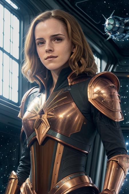 masterpiece, stunning closeup portrait photo of emwt,  futuristic shiny armor with copper trim,, skindentation, spaceship window, stars, (by Alejandro Burdisio:1.2), (by Michael Whelan:1.2),(by Artist Philippe Druillet:1.3),(Kodak Ektar:1.2)
 <lora:EmmaWatsonReduxDogu:1>