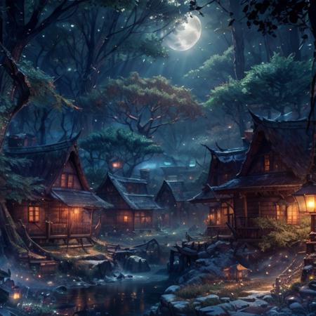 (masterpiece:1.2), (best quality,:1.2), 8k, HDR, ultra detailed, ((photorealistic)), professional light, cinematic lighting, fashion photography, ambient lighting, face lighting, OverallDetail, fhanddetail, ffacedetail, <lora:detail_slider_v4:4.>, treehouses at night in a  dark forest, moonlight, fog, FanFo, <lora:FantasyForest-10:1>