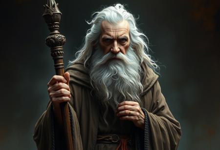 Create a highly detailed, cinematic digital painting of a majestic, elderly wizard inspired by Sean Harris's portrayal of the character. The artwork should blend the mystique of Solarpunk, the elegance of Lord of the Rings, and the intricate details of Milton Menasco's, Jean Moebius Giraud's, and Artgerm's styles. The wizard should wear long, flowing brown robes and hold a staff, exuding an aura of mystic shepherding. Incorporate oil painting techniques and maintain sharp focus throughout. Ensure the artwork is symmetrical, with an emphasis on the upper body and headshot, akin to a character concept art piece for D&D. The final image should be of high quality, suitable for trending on Artstation and evoking a sense of fantasy. Refer to previous outputs and build upon the generated context to refine the artwork. Iterate and refine the piece until it meets the desired level of detail and realism.