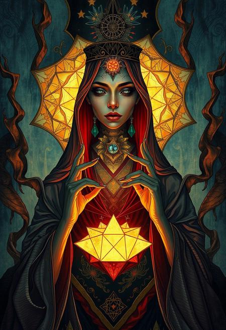 A fortune teller surrounded by luminous, layered shapes, their hands tracing unseen patterns in the fabric of reality.
surreal symbolic portrait, intricate linework, fluid distorted forms, rich Art Nouveau influences, bold geometric shapes, stylized dreamlike composition, esoteric and mystical themes, deep color contrasts, painterly textures, subconscious imagery, elegant abstraction, otherworldly atmosphere, detailed ornamental elements, fusion of surrealism and graphic illustration