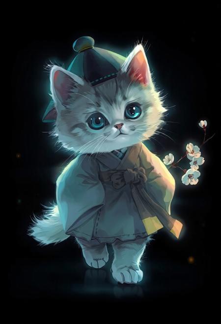JNANX,luminous white silhouette,cyan glow,emerald highlights,flickering outline,dreamlike movement,rippling colors,drifting embers,infinite black background,psychedelic colors,ethereal,futuristic surrealism,gw,glowing,night,night sky,trippy,
"Create a charming illustration of a fluffy, light gray tabby kitten dressed in the traditional attire of a Korean scholar (Seonbi) from the Joseon Dynasty. The kitten should be wearing a black gat (traditional hat) and a light-colored dopo (outer robe) tied with a sash. A brown bojagi (wrapping cloth) is slung over its shoulder. The kitten is depicted mid-stride, looking forward with curious, wide eyes. In the background, include a delicate sprig of plum blossoms with white flowers. The overall style should be whimsical and endearing, capturing the unexpected combination of historical clothing and a cute animal."