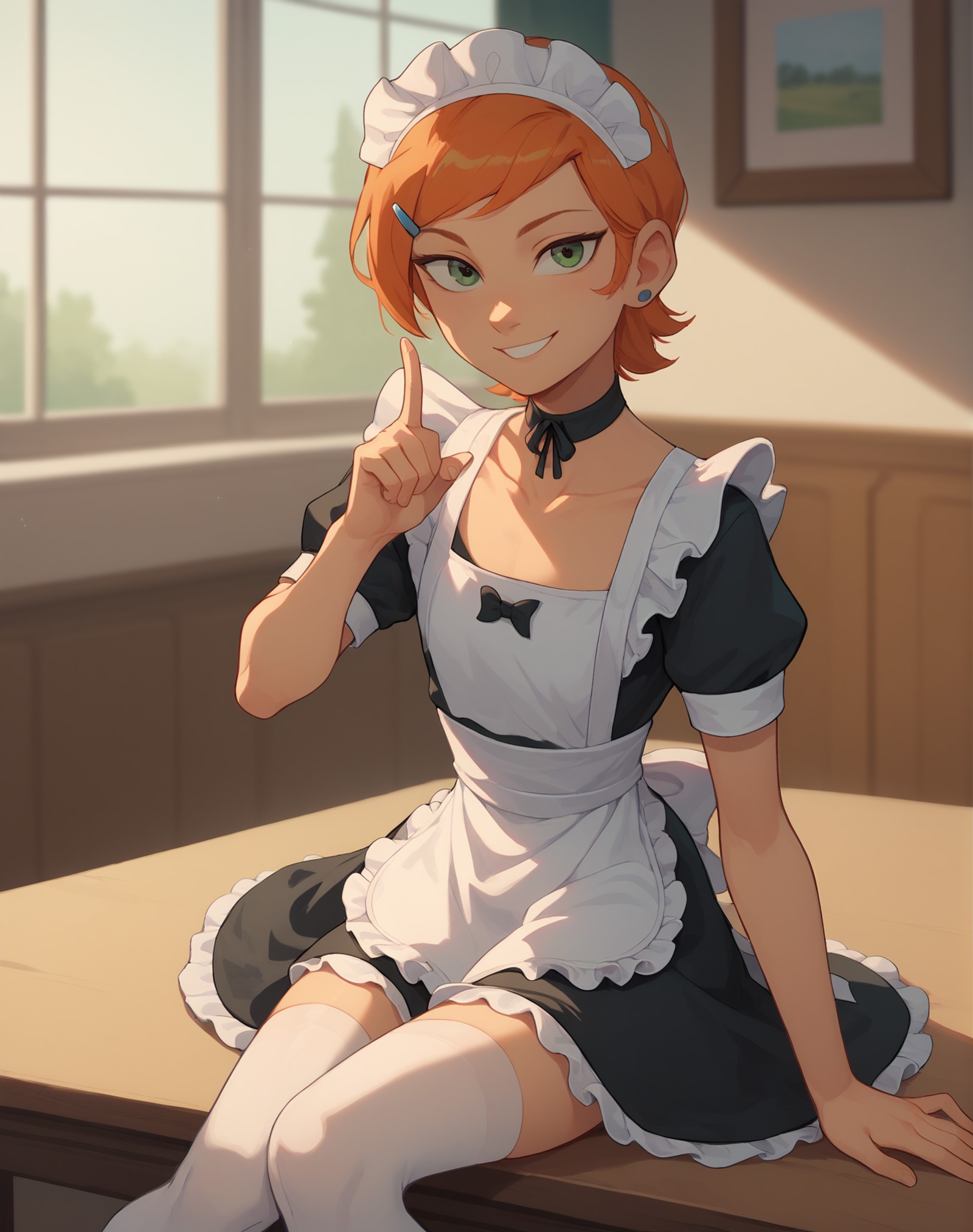 (score_9,score_8_up,score_7_up,), Gwendolyn_Tennyson, calling viewer toward her, (beckoning finger) , 1girl,solo,maid, sid...