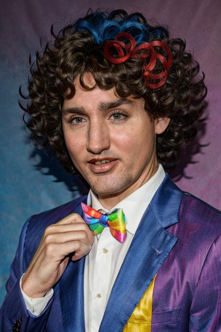 jtrudeau dressed as a clown, (rainbow clown wig), (clown nose),  <lora:justin_trudeau_5:0.6>