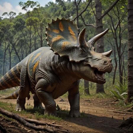 masterpiece, best quality,  <lora:Triceratops_Dinosaur_Dim32_Anime:0.8>, Triceratops_Dinosaur,  Jurassic jungle,