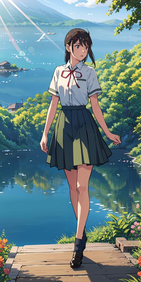 <lora:suzume:0.7>,suzu_me, 1 girl, solo, (standing), full body,looking aside,brown eyes, black hair, hairclip, single drill, red ribbon, short sleeves school uniform,(green school skirt), outdoors,(light rays:1.2),(sun:1.2),(blue sky:1.1), (moutains:1.2),(lake:1.1),(flowers:1.3),lawn,(dock:1.1),(birds:1.1),trees,from above