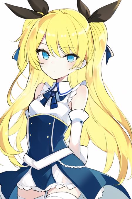 1girl, masterpiece,upper body, best_quality,blonde hair, blue eyes, hair ribbon,(white background),arms behind back  <lora:lpip-v2-style-000007:1>