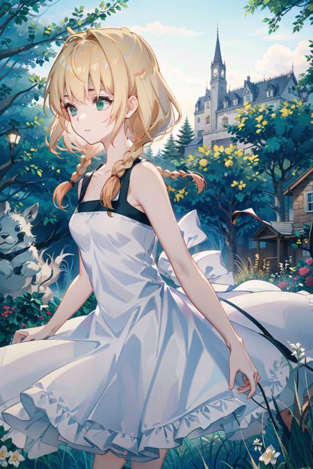 masterpiece, detailed background, high quality cg, best quality, viola, 1girl, white dress, sleeveless, small breasts, scared, cowboy shot, mansion, garden, outdoors, day, forest, close up   <lora:violaandellenv6-000018:1>