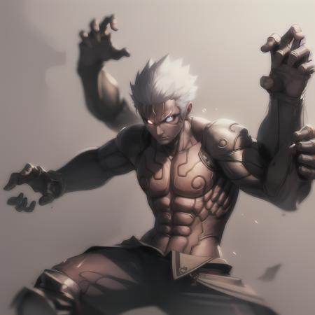 ((masterpiece, best quality)),(complex light),solo,solo focus,1boy,asura, <lora:AsuraWrath1-10:0.6>,white hair, glowing eyes, extra arms, simple background,