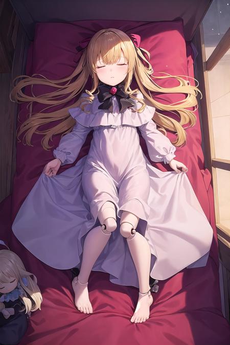 (masterpiece,best quality, detailed), bed, bed sheet, 1girl, solo, full body, lying, on back,original outfit, white nightgown, sleeping, closed eyes,(doll joints),doll joints, joints,
<lora:shinku-pynoise:1>