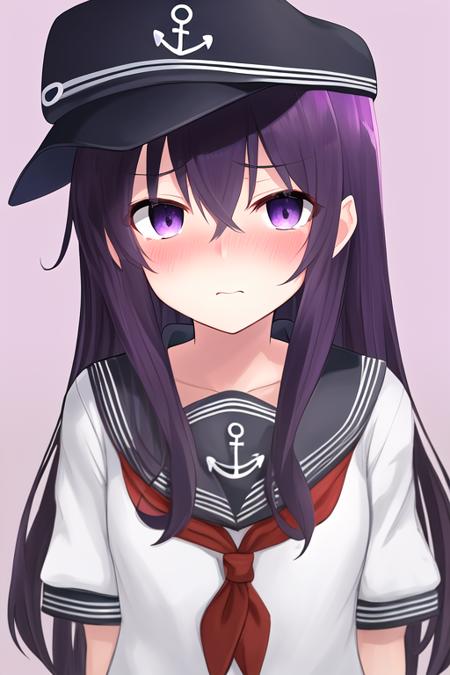 masterpiece, best quality, highres, solo, {akatsuki_kantaicollection:1.10}, long_hair, serafuku, hat, purple_eyes, anchor_symbol, flat_cap, purple_hair, black_hair, blush, hair_between_eyes