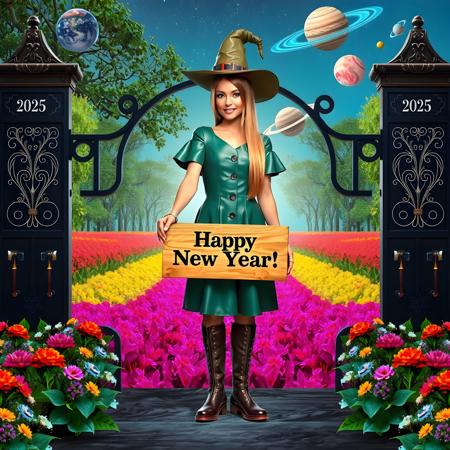 photo realistic mysterious friendly looking beautiful witch wearing green leather dress clothes and overknee boots holding a wooden sign where is written on "Happy New Year!", standing in front of a omega formed gate where above on a plate it is printed "2025". in the background is an enchanted colorful forest with marvelous flowers plants, At the sky are planets