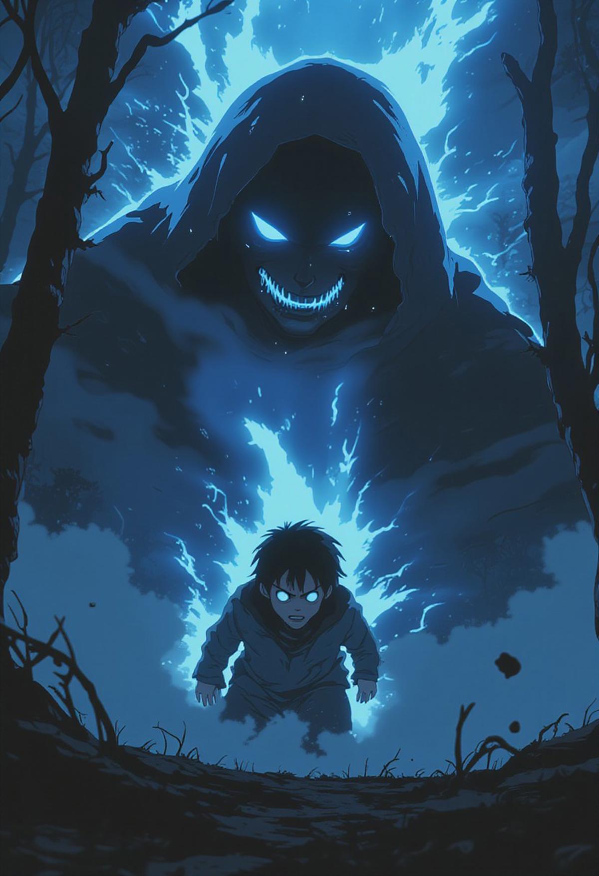 "Anime-style image of a dementor, from the Harry Potter series, floating in the air, its dark, hooded figure looming ominously over the Forbidden Forest. The dementor is using its deadly blue power to drain the life force from an unsuspecting wizard, who is stumbling backwards in terror. The wizard's eyes are wide with fear, and their skin is pale and clammy. The dementor's power is depicted as a dark, misty aura that surrounds the wizard, draining their life force away. The background is a dark and foreboding forest, with twisted trees and eerie mist swirling around the dementor. Style: dark, ominous, and haunting, with a focus on capturing the terror and despair of the wizard." Highest quality, 4k, masterpiece, HDR