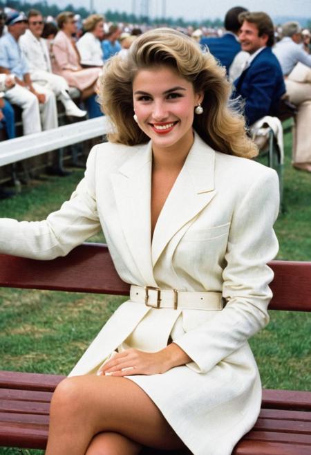 raw photo,full body, 1girl, 25 y.o. , 80's, girl at the races, , luxuriously dressed, sitting on a bench, smiling, movie "pretty woman"