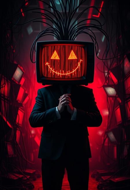 Cinematic, Beauty, Realism, Light and Shadow, Cinematography, Film Stills, A surreal and eerie scene featuring a man with a television as his head, displaying a sinister red smiley face dripping with digital distortion. The figure is dressed in a sharp, dark suit, standing in a dimly lit, dystopian environment. Thick, black cables emerge from the back of the TV head, intertwining with the background's chaotic mess of wires and broken screens, all bathed in an ominous red glow. The hands are clasped together, giving off a menacing yet composed demeanor, as if he is in control of this chaotic digital landscape. The atmosphere is dark, unsettling, and charged with a sense of looming danger. Highest-Quality, 4k, intricate details, visually stunning, Masterpiece