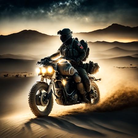 photo, a soldier on a motorcycle in the desert at night (armybiker style:1)  <lora:djzArmyBiker:0.8>