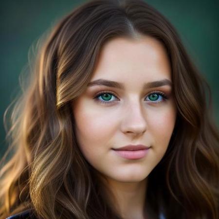 best quality, beautiful, 22 year old woman, brown wavy hair, (full face portrait:1.2), face portrait, detailed face, very dark green eyes , hyper realistic, (facing camera), (looking into the camera), studio portrait, natural lightning, perfect shadows, (white background:1.1)