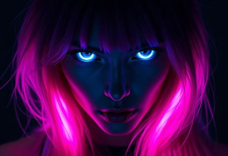 Create a high-resolution, ultra-realistic professional photo of a woman with long, neon-pink hair, illuminated in a dark, moody setting. Her eyes are glowing with an eerie, supernatural white light, giving an intense, hypnotic gaze. The lighting is dim, casting deep shadows on her face, with neon hues of magenta and cyan subtly highlighting her features. Her expression is serious and mysterious, evoking a sense of otherworldly allure. The atmosphere should feel futuristic and ethereal, with high contrast between light and shadow. Capture every detail in her hair strands, skin texture, and makeup for maximum realism and depth, emphasizing a cinematic, atmospheric look with a cyberpunk aesthetic. Ensure the photo is in the highest detail, focusing on clarity, sharpness, and a slightly surreal, hypnotic ambiance