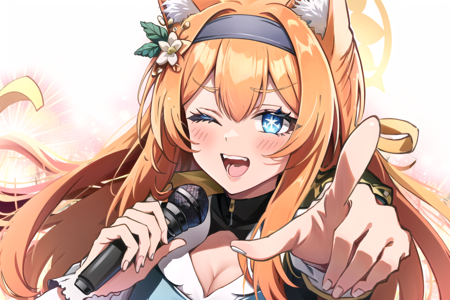 <lora:Hoshino Ai's Pose 2:0.9>, ai's pose, 1girl, solo, smile, open mouth, one eye closed, star (symbol), pointing, microphone, (masterpiece, best quality:1), 1girl, solo, mari, halo, 1girl, blue eyes, orange hair, hair ornament, cat ears, <lora:mariBlueArchive_v5b:1>, upper body, simple background