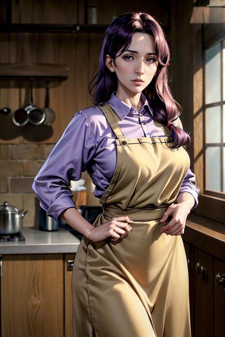 (masterpiece:1.4),(best quality:1.4),(absurdres:1.4),pin-up,okasan_Garo_aiwaifu,brown eyes,shirt ,large breasts, wide hips, purple hair ,apron,low-tied long hair ,collared shirt ,dress ,lips ,hair over shoulder,(absurdres, highres, incredibly_absurdres:1.4),scenery,masterpiece,