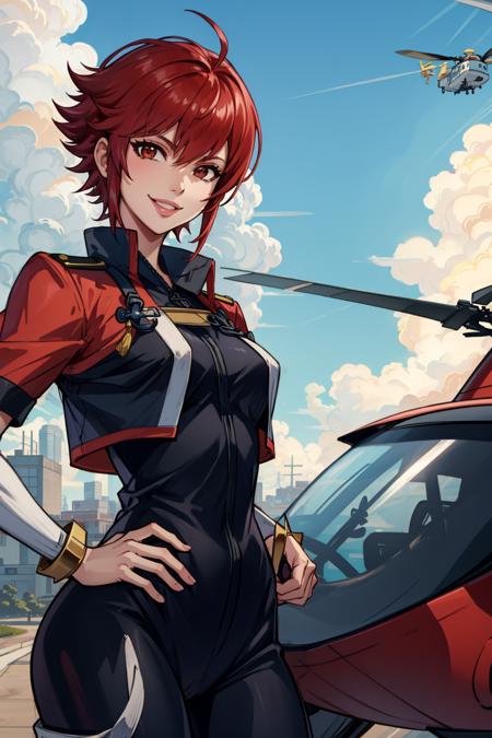 masterpiece, best quality, hinoka, pilot's goggles, black jumpsuit, helicopter, looking at viewer, smile <lora:hinoka-nvwls-v1-000012:0.9>